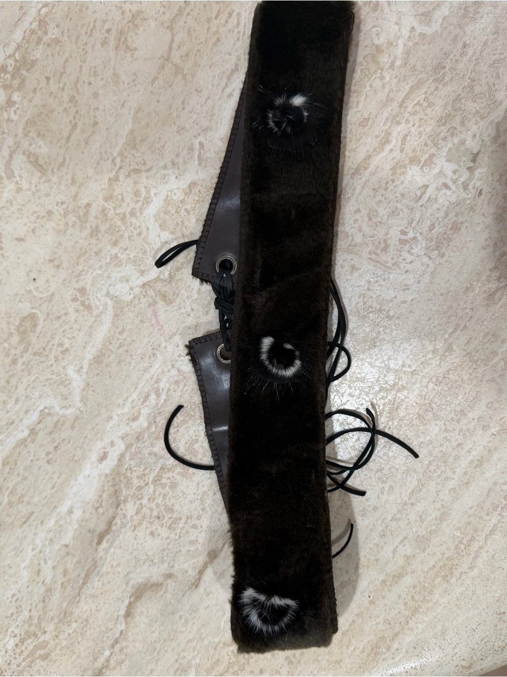 Y2K Faux & real Fur Tie-Waist Belt in Dark Brown with Contrast Pom Details - Picture 3 of 3